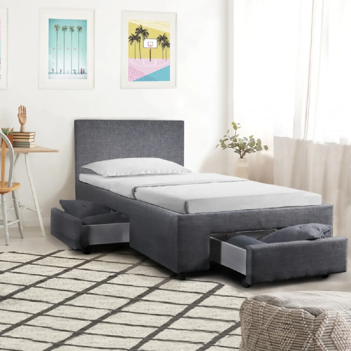 Lit LUGANO 90x190 + 1 sommier + 2 tiroirs / Gris foncé