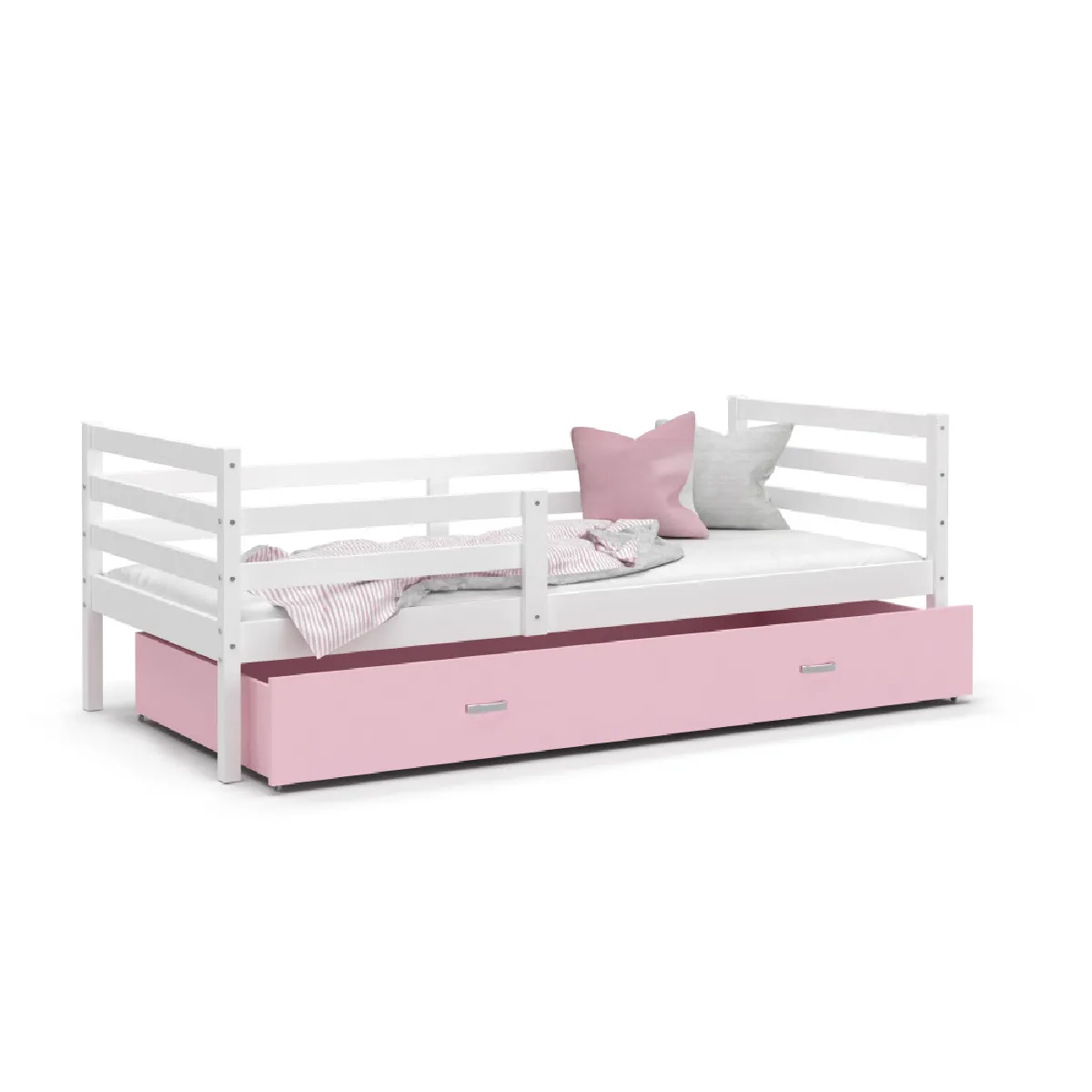 Lit enfant MILO 90x190 Blanc et Rose - Sommier et matelas inclus - Avec tiroir de rangement