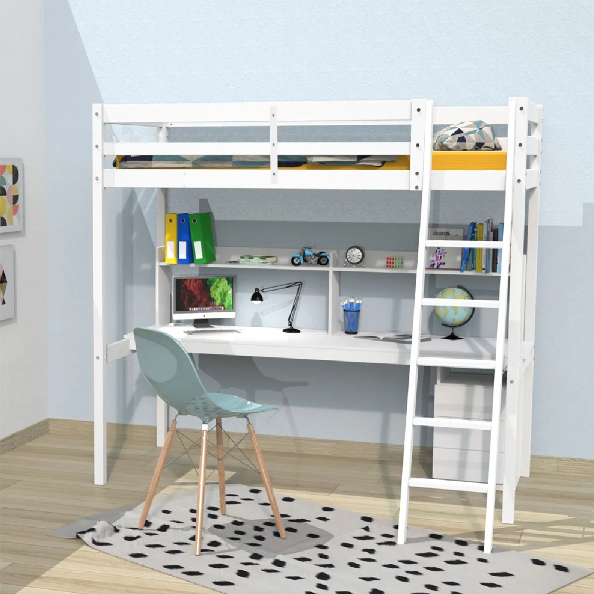 Lit mezzanine STUDIO 90x190 + 1 sommier + caisson 3 tiroirs + bureau + étagère / Blanc Lit mezzanine STUDIO 90x190 + 1 sommier + caisson 3 tiroirs + bureau + étagère / Blanc