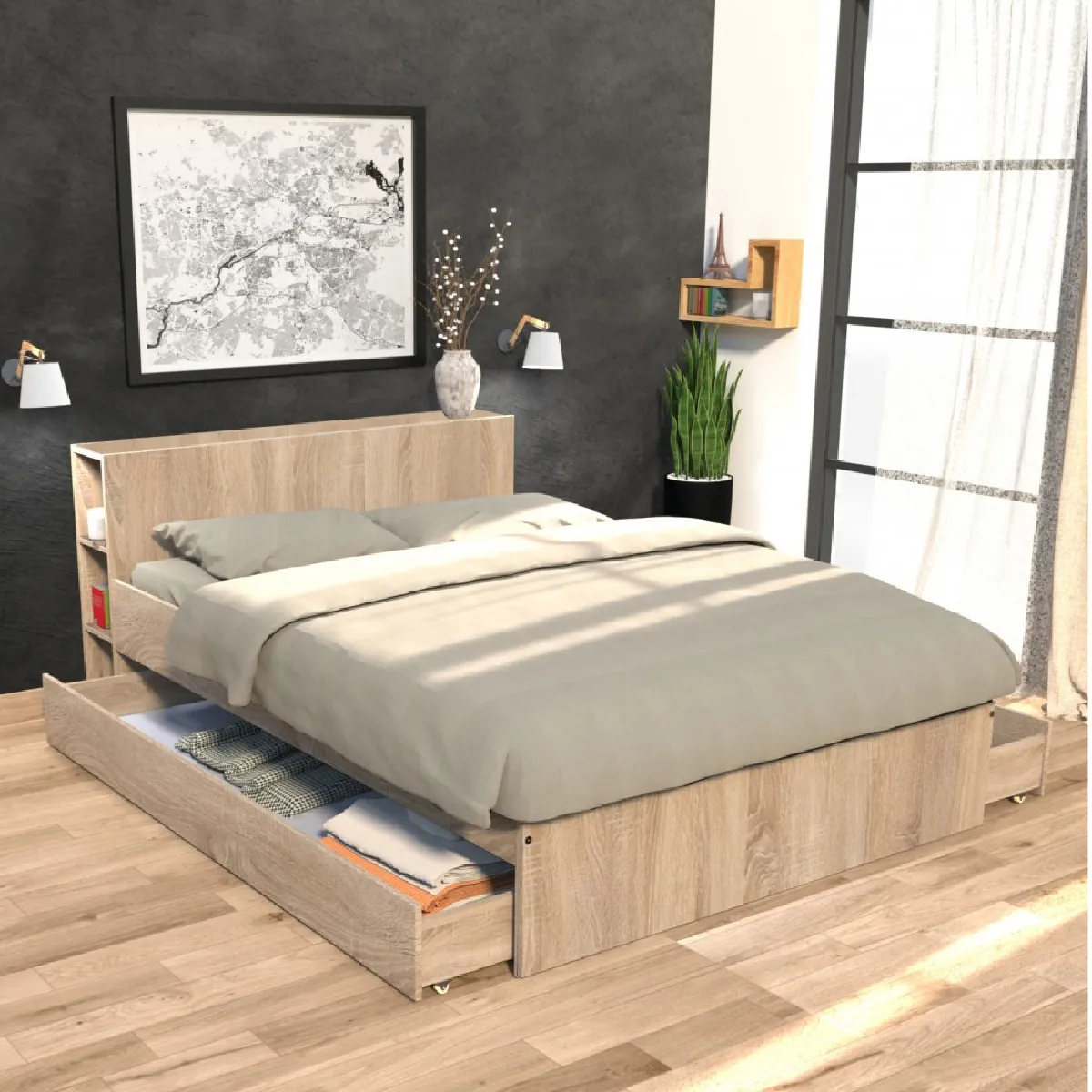 Lit RIGA 140x190cm + tête de lit + 2 tiroirs / Décor Chêne Blanchi