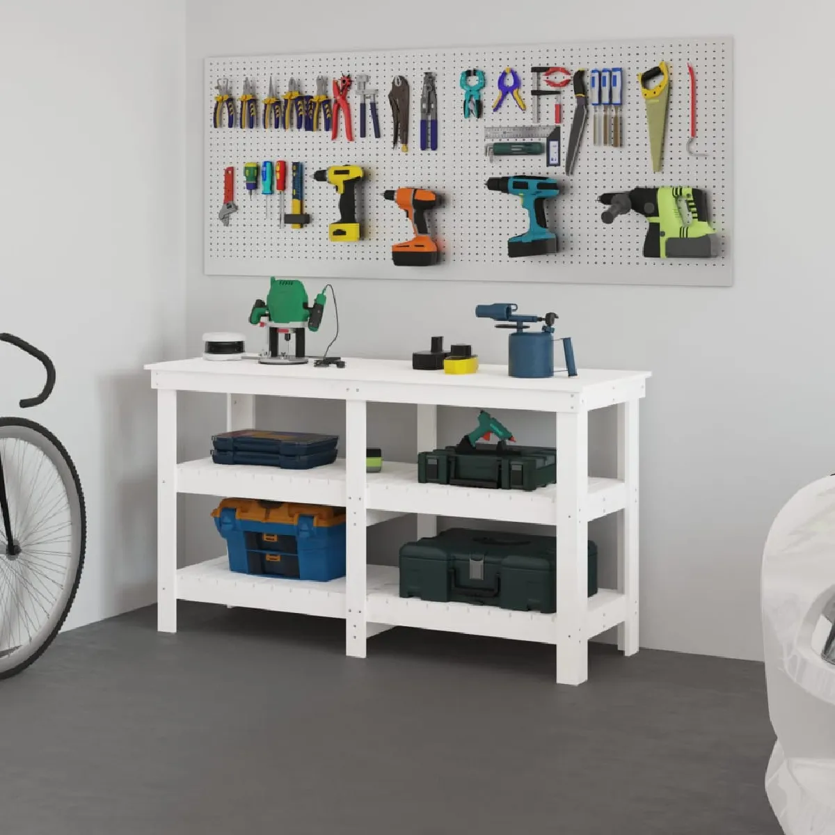 Vidaxl Banc de Travail Table de Travail avec Étagères Établi en Bois Banc de Rangement Banc dOutils Blanc 142 5x50x80 823650 - vue 2