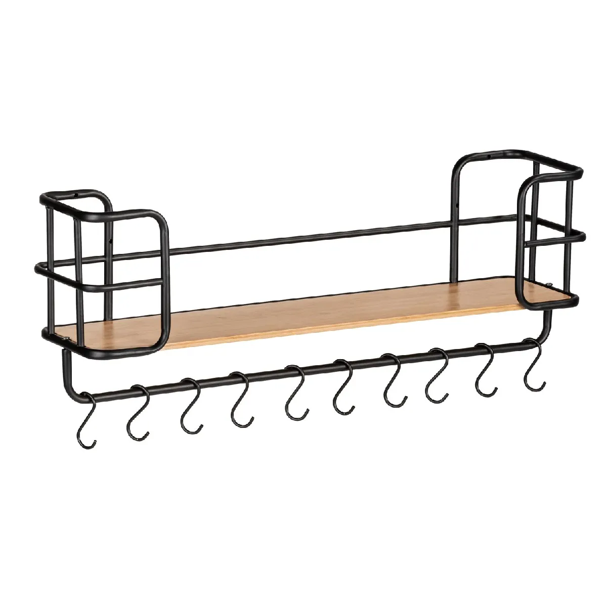 Etagère murale Loft avec tablette et 10 crochets - en Métal et Bambou - Noir et marron