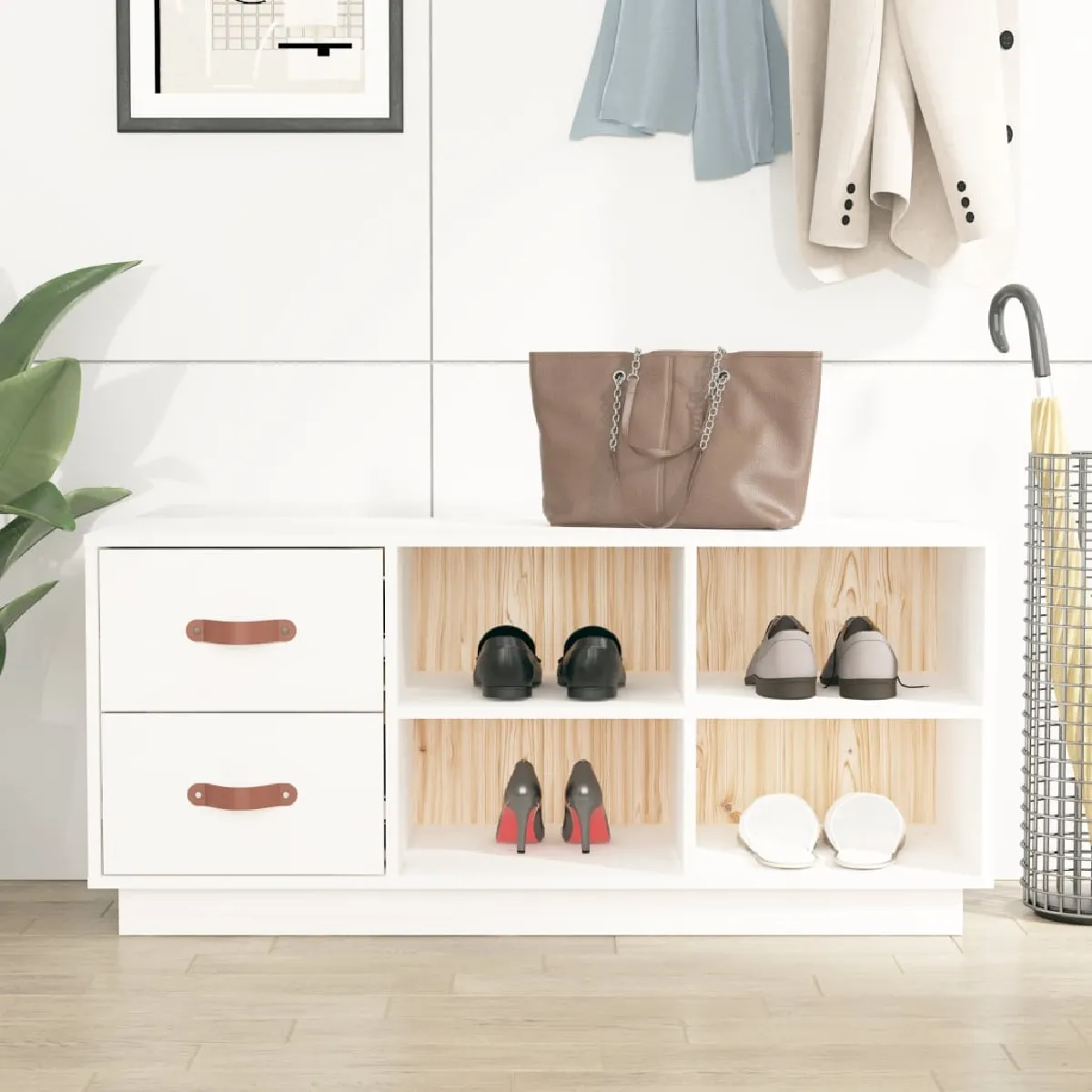 vidaXL - Banc à chaussures - Bois de pin massif - Blanc - 100x34x45 cm - Image 2