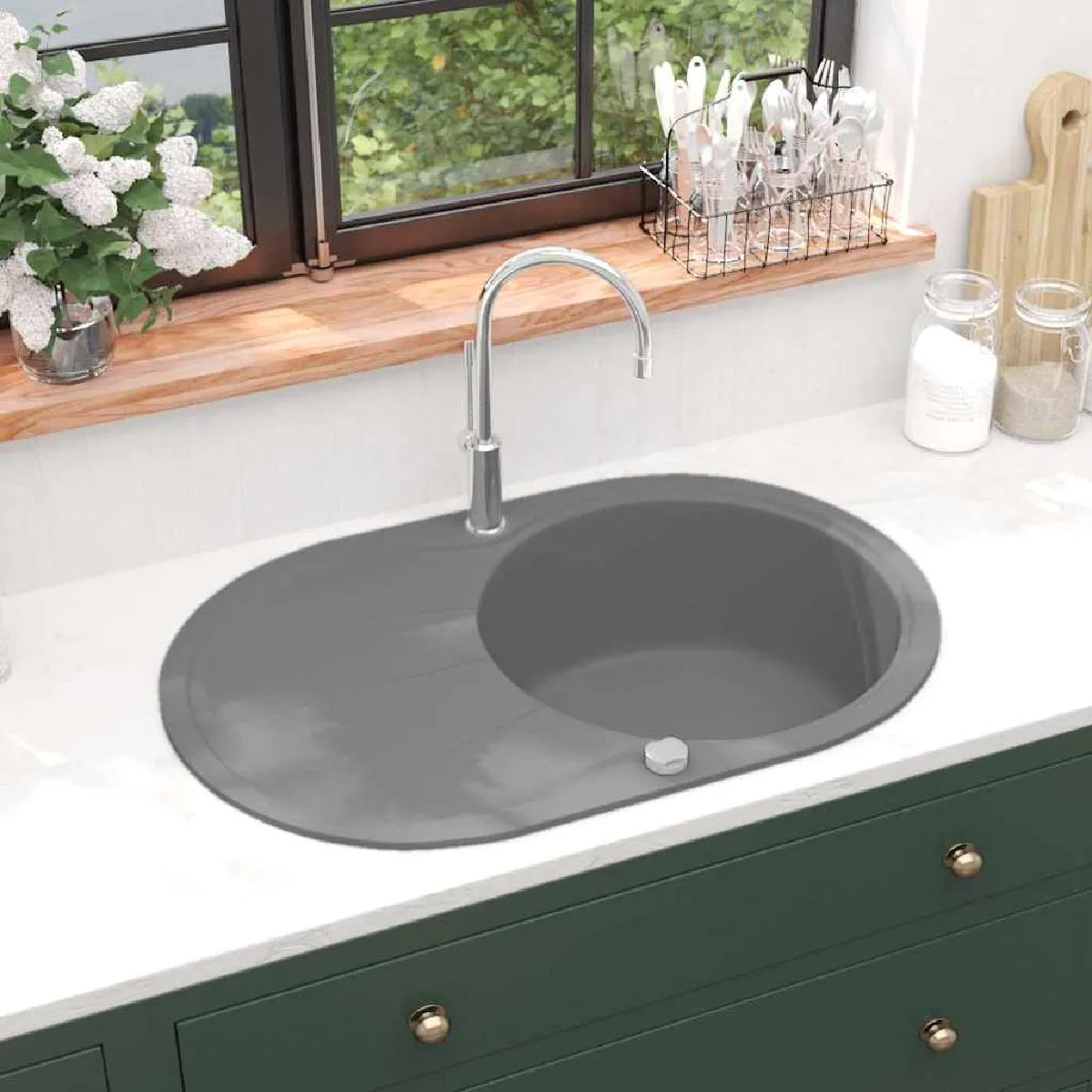 vidaXL Évier de Cuisine en Granit Bac Unique Ovale Décor Cuisine Maison 142959 - vue 2