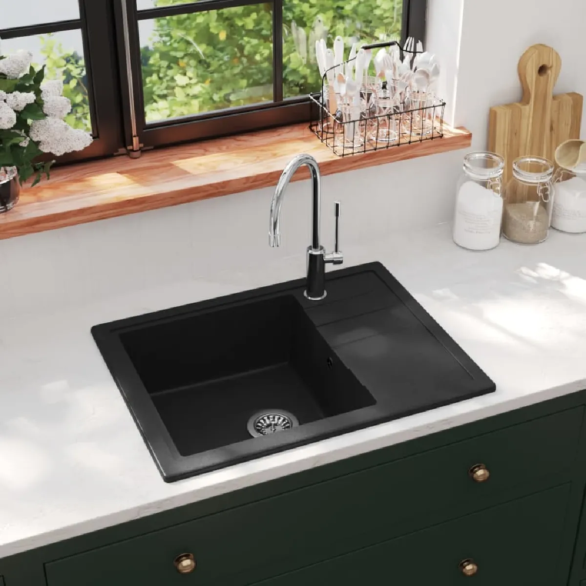 VIDAXL  Evier Cuisine Ovale Noir Granit