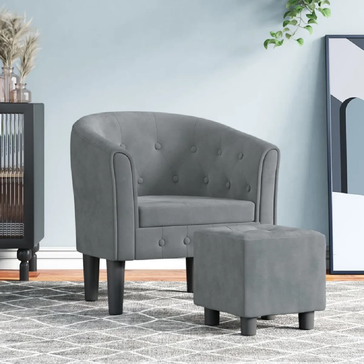 Non Communiqué Gris Fauteuil Avec Repose Pied Foncé Velours - Image 3