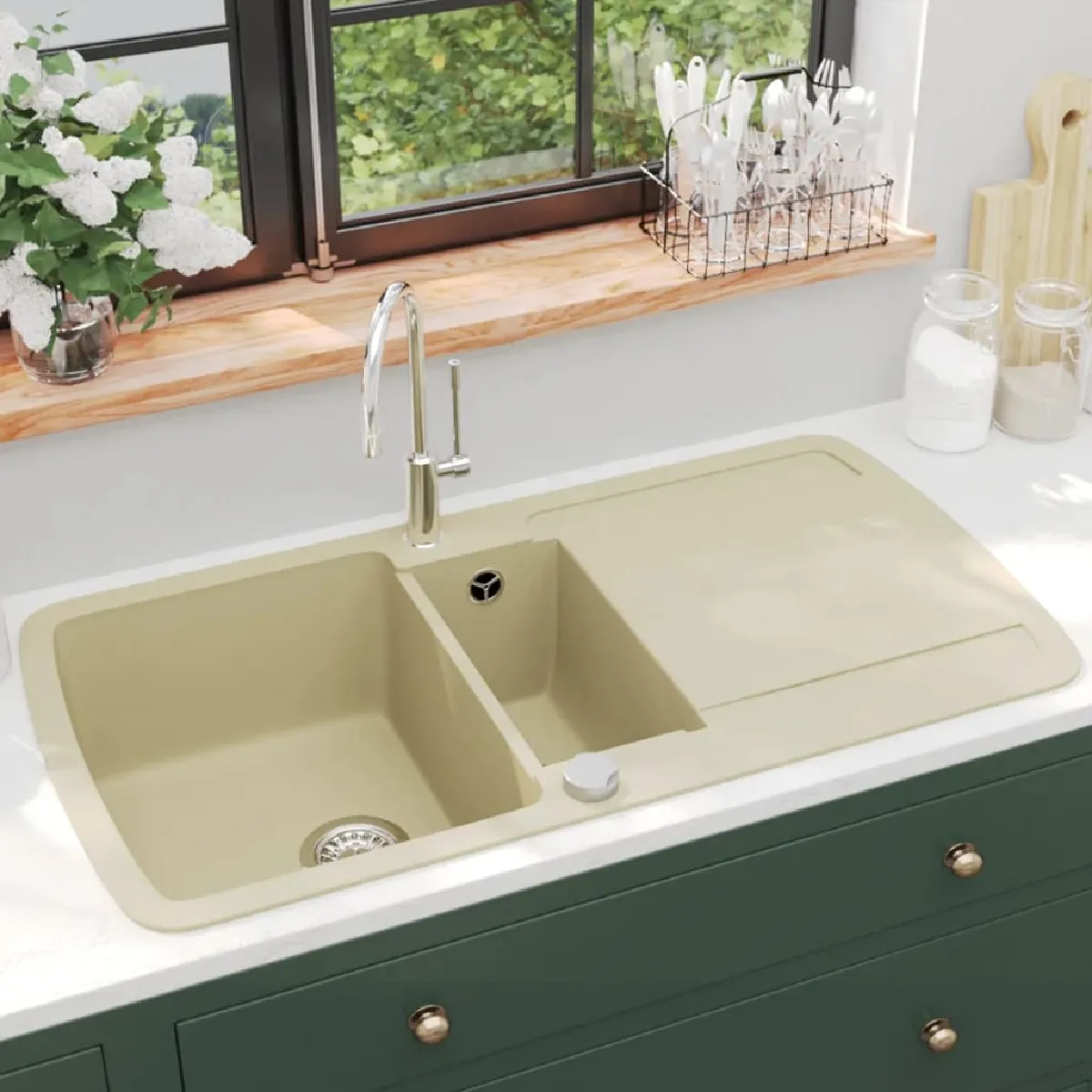 vidaXL Double Lavabo Granit Beige