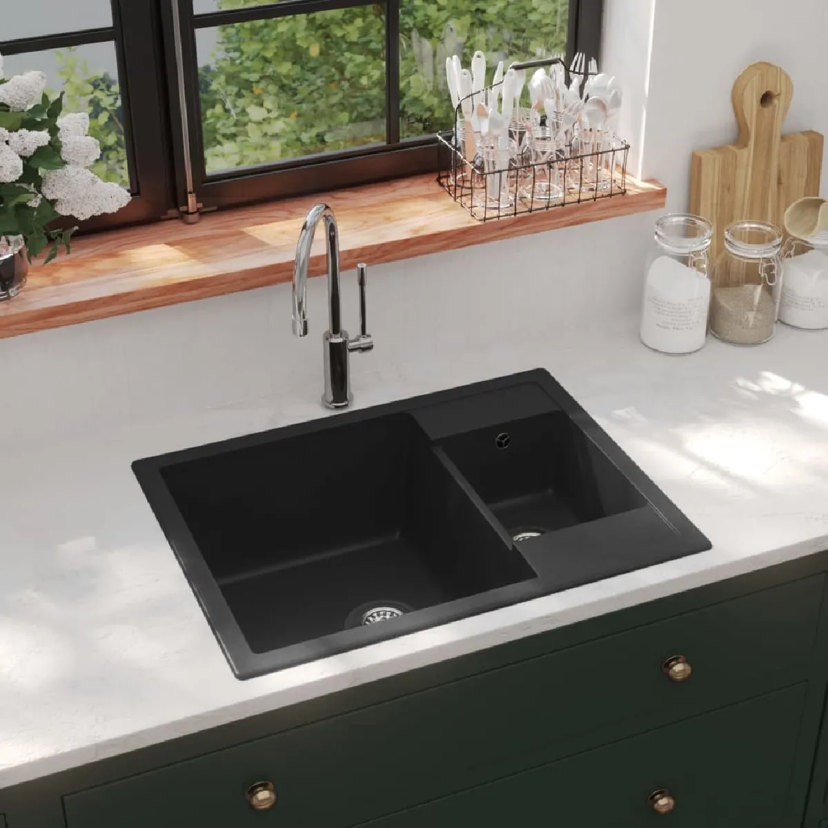 vidaXL Evier de Cuisine et Deux Lavabos Trou de Trop plein Evier Encastré Décoration de Cuisine Lavabo Extra Maison 147085 - vue 2