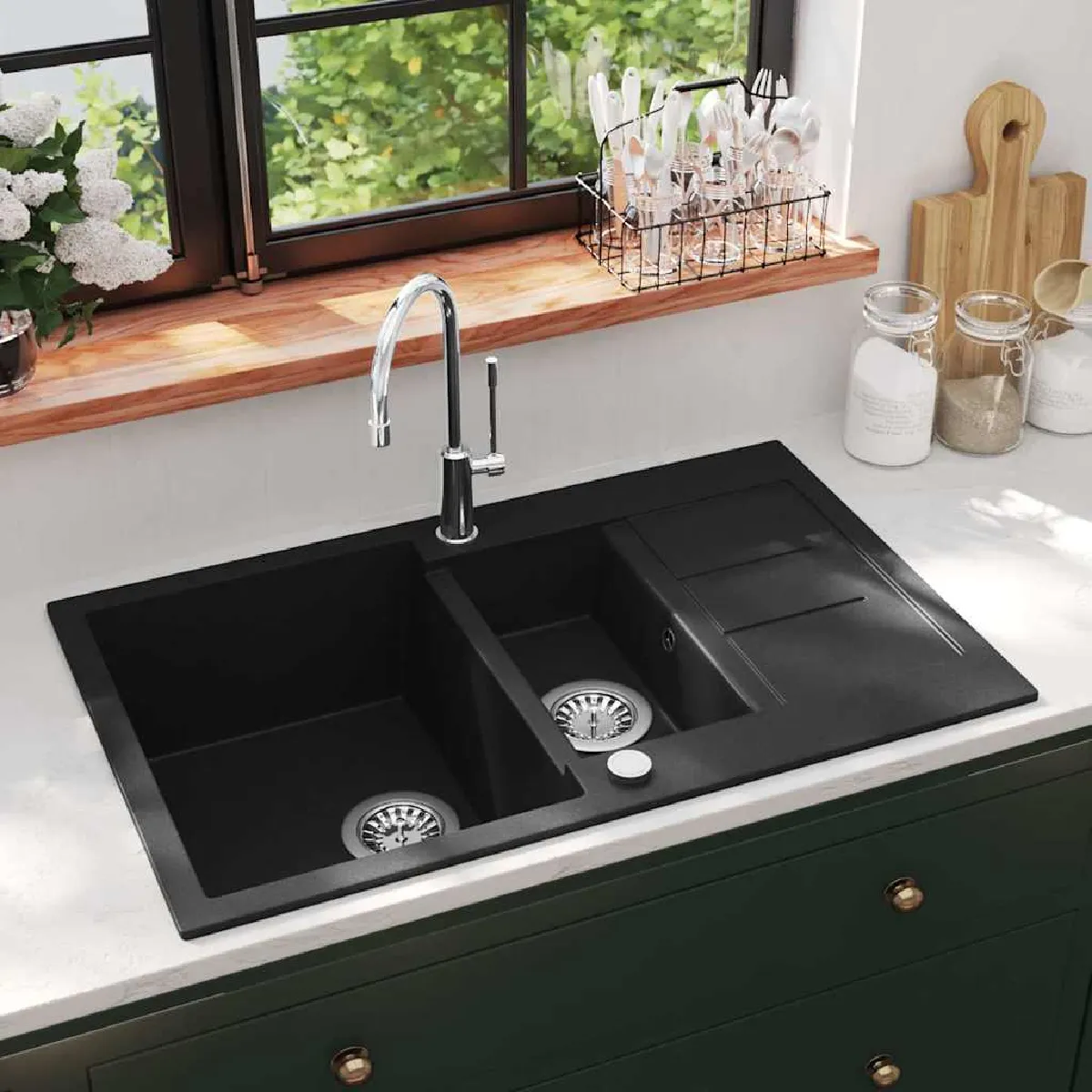VIDAXL Evier de cuisine en granit double bac noir