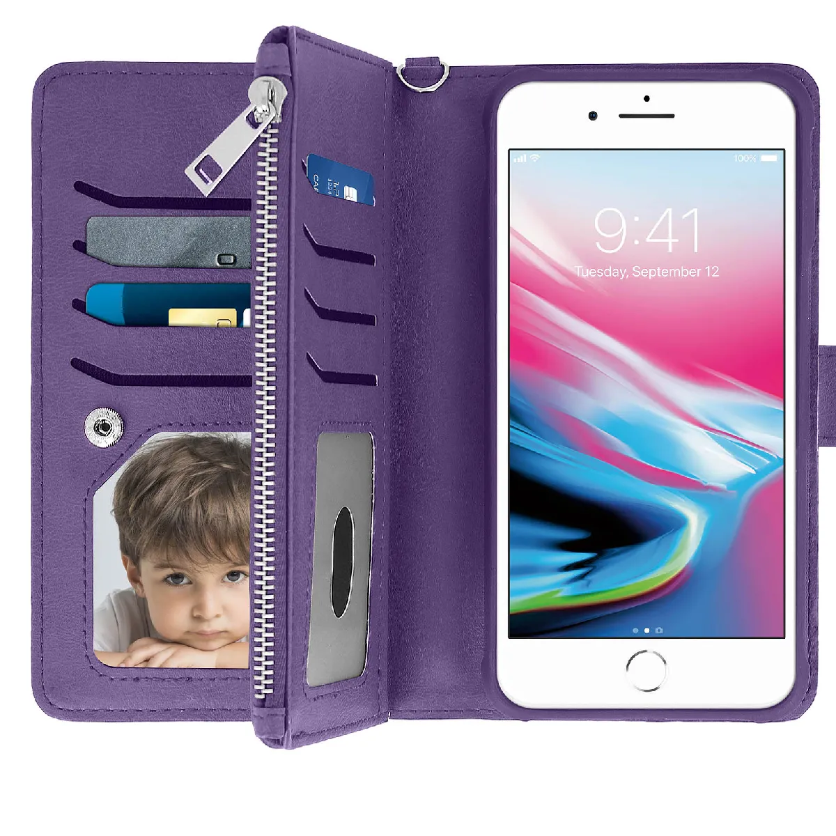 Avizar Violet Étui Pour Iphone 6 Plus/6S Plus/7 Plus/8 Plus Portefeuille Coque Amovible