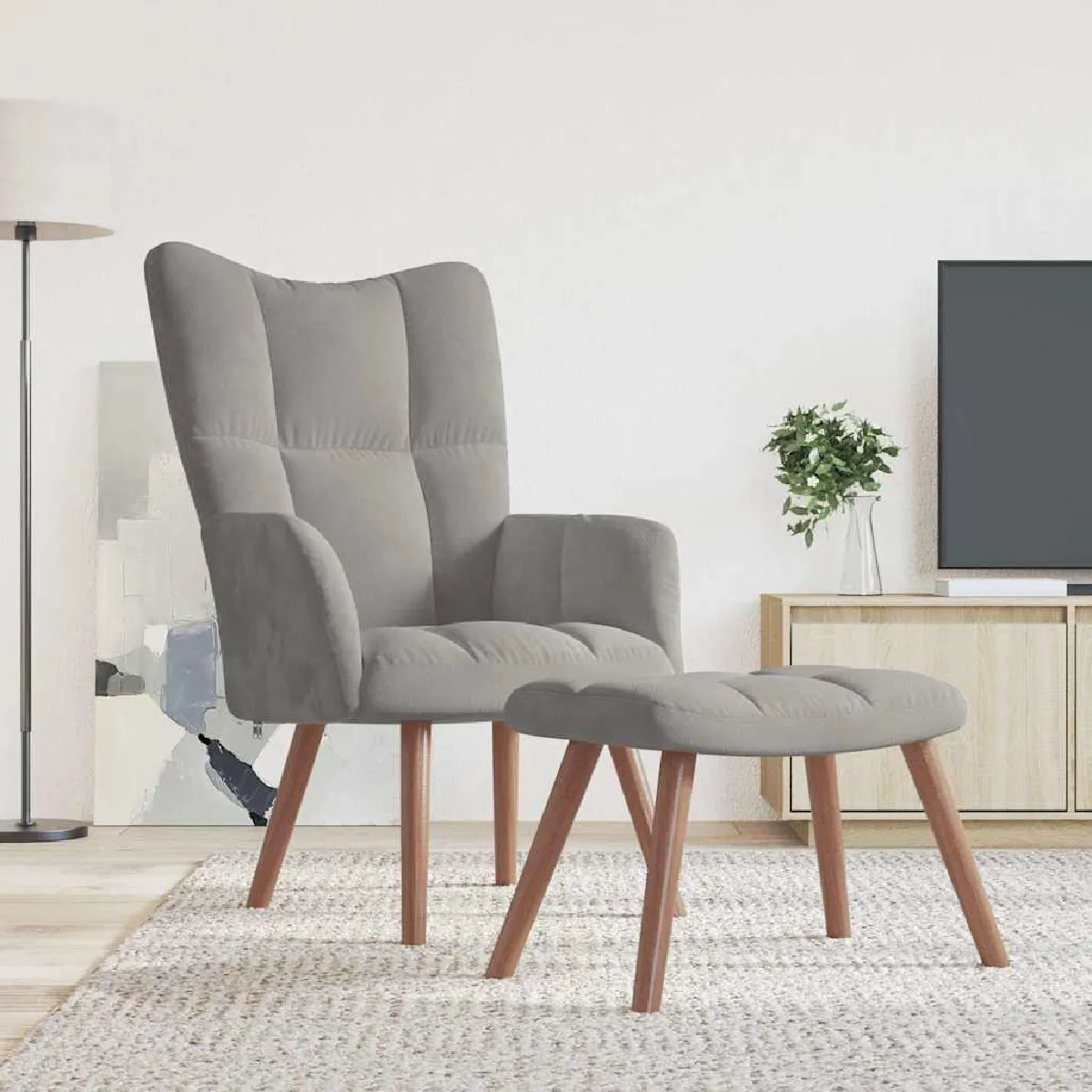 Non Communiqué Gris Clair Chaise De Relaxation Avec Repose Pied Velours - Image 3
