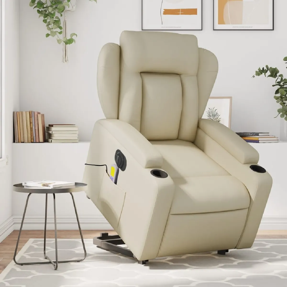 vidaXL Fauteuil inclinable de massage électrique Crème Similicuir - vue 2