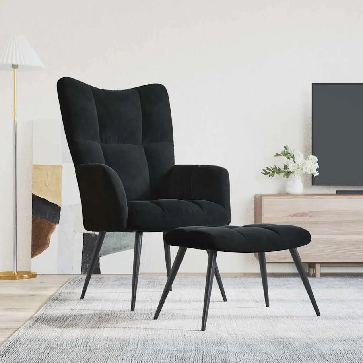 Non Communiqué Noir Chaise De Relaxation Avec Tabouret Velours - Image 3