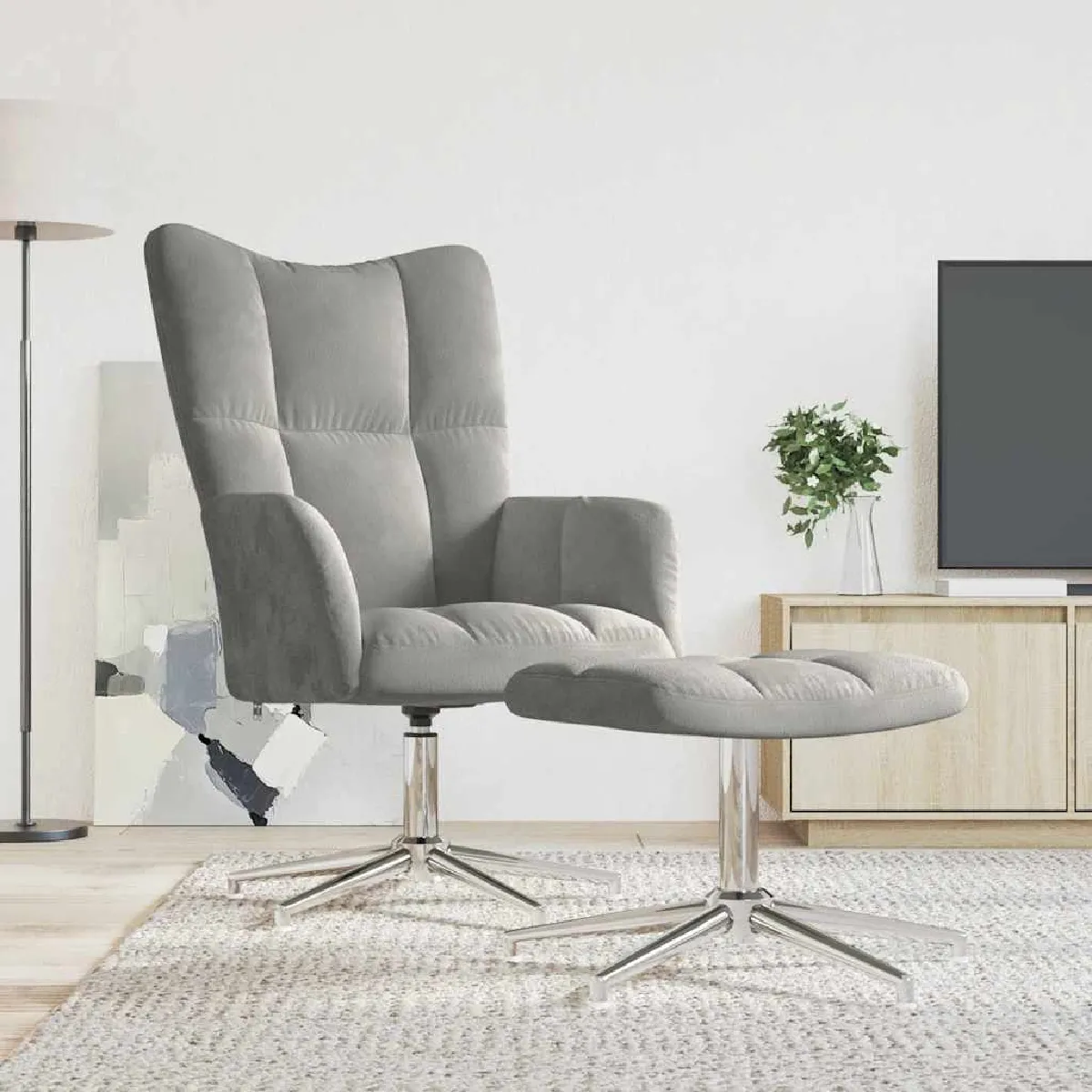 Non Communiqué Gris Vidaxl Chaise De Relaxation Avec Tabouret Clair Velours328128 - Image 3