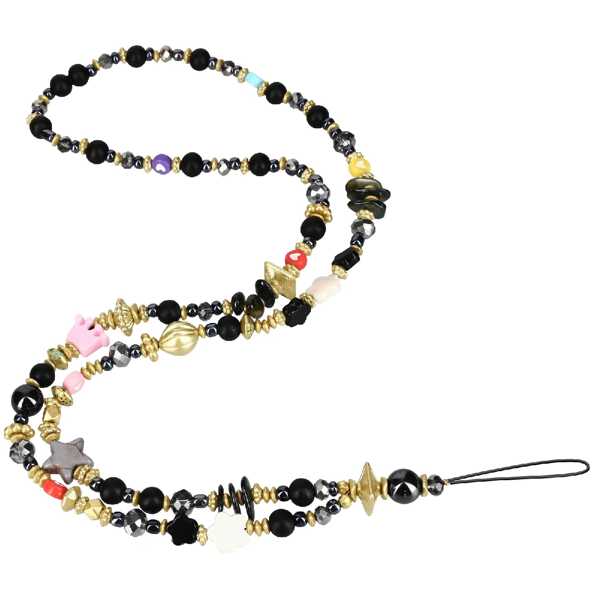 Bijou de Téléphone Perles Heishi Noir et Perles Multicolore 80cm avec Dragonne