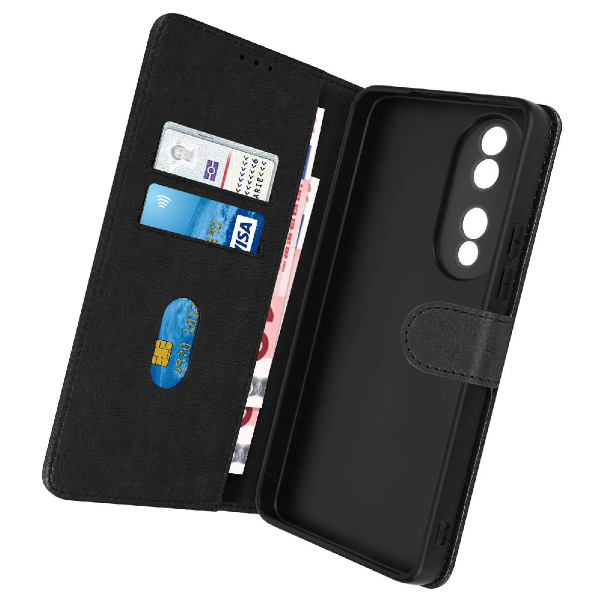 Avizar Noir Étui Portefeuille Pour Honor 70 Chesterfield Grainé Fonction Stand