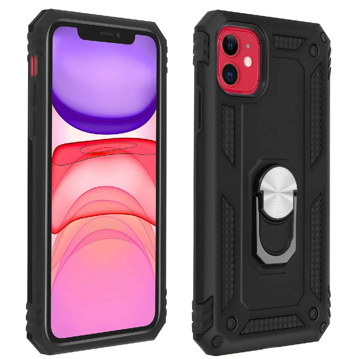 Avizar Noir Coque Pour Iphone 11 Antichoc Bi-Matières Bague Support Vidéo