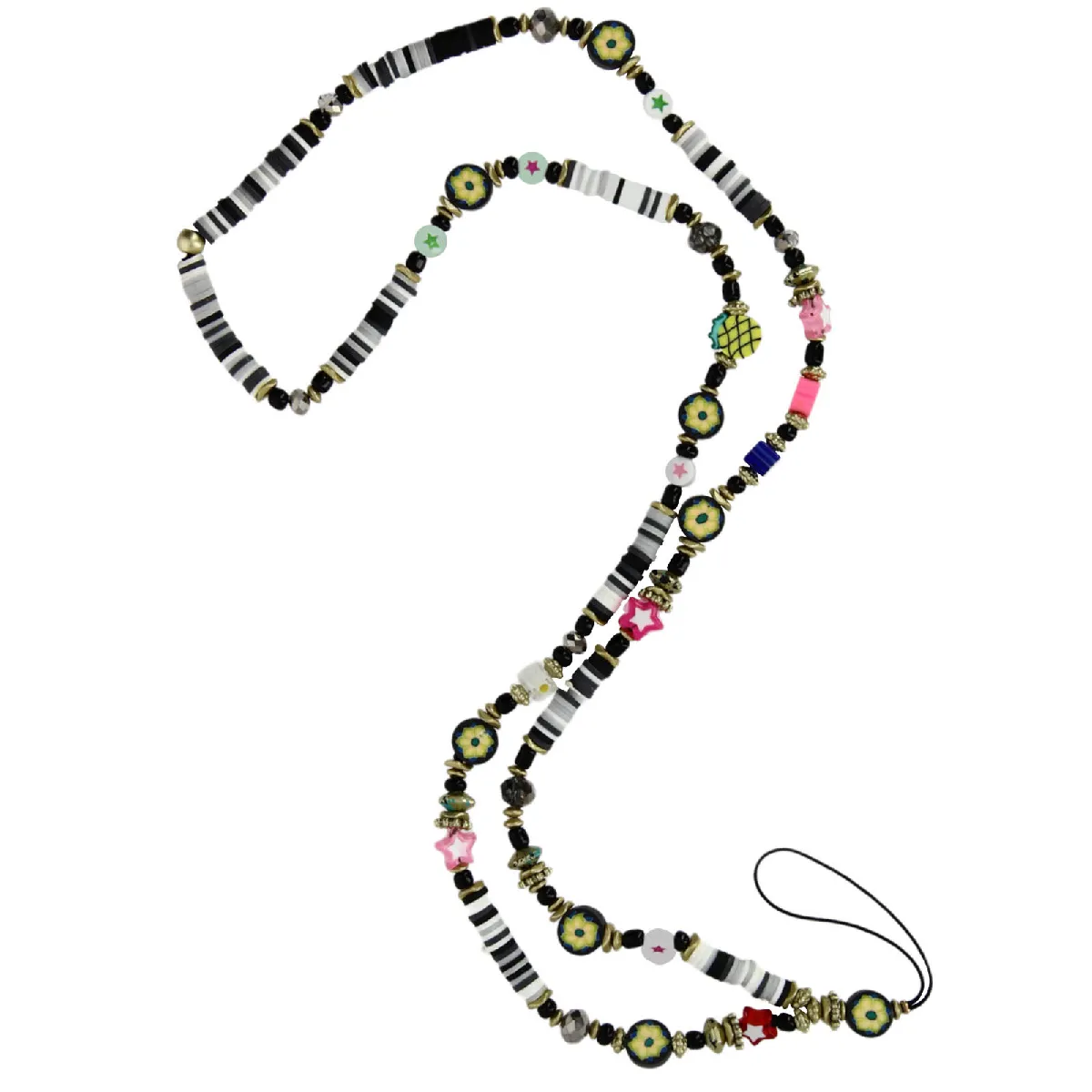 Bijou de Téléphone Perles Heishi Noir et Fleurs Multicolore 80cm avec Dragonne