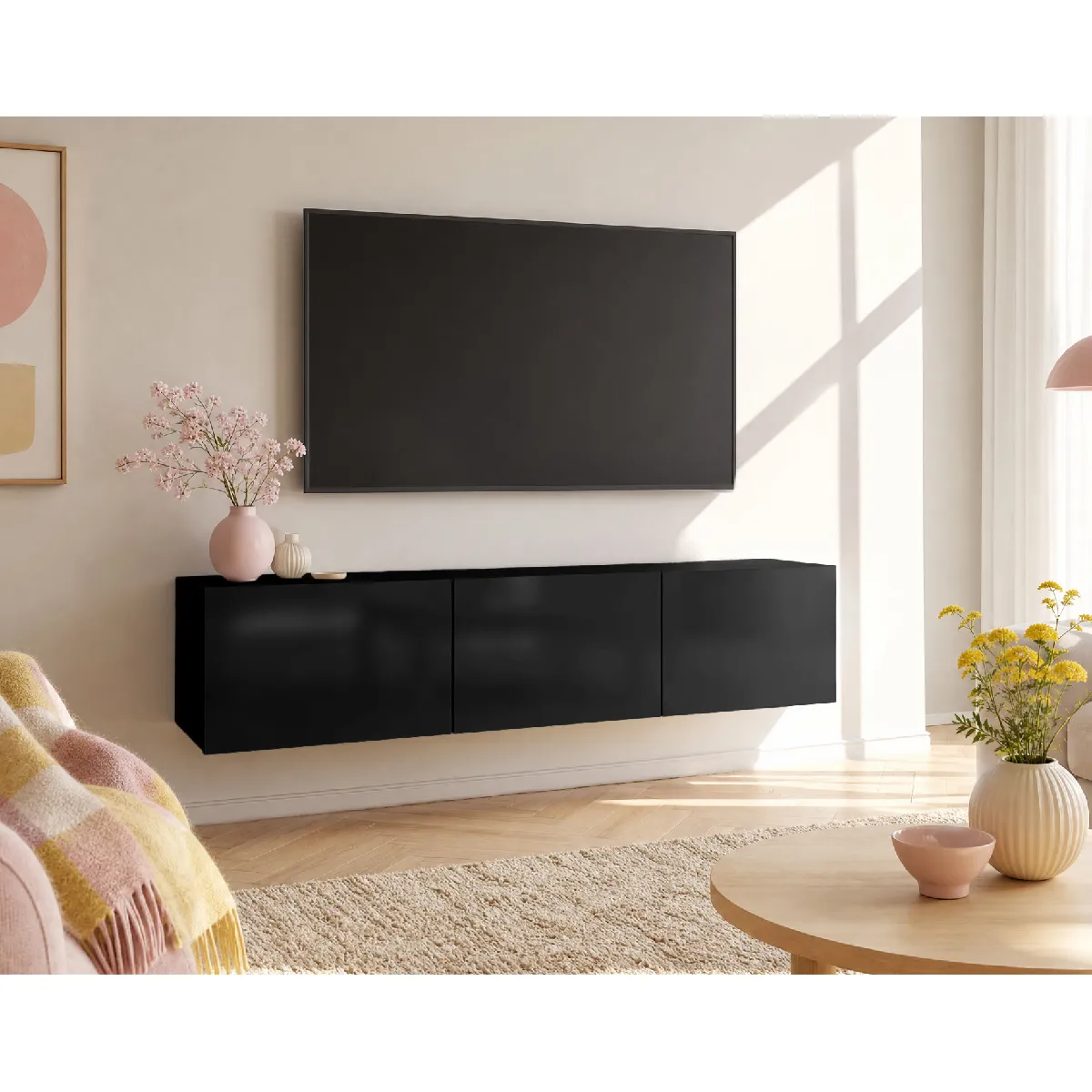 BESTMOBILIER Alix - meuble tv modulable 150 cm - 3 portes - Noir