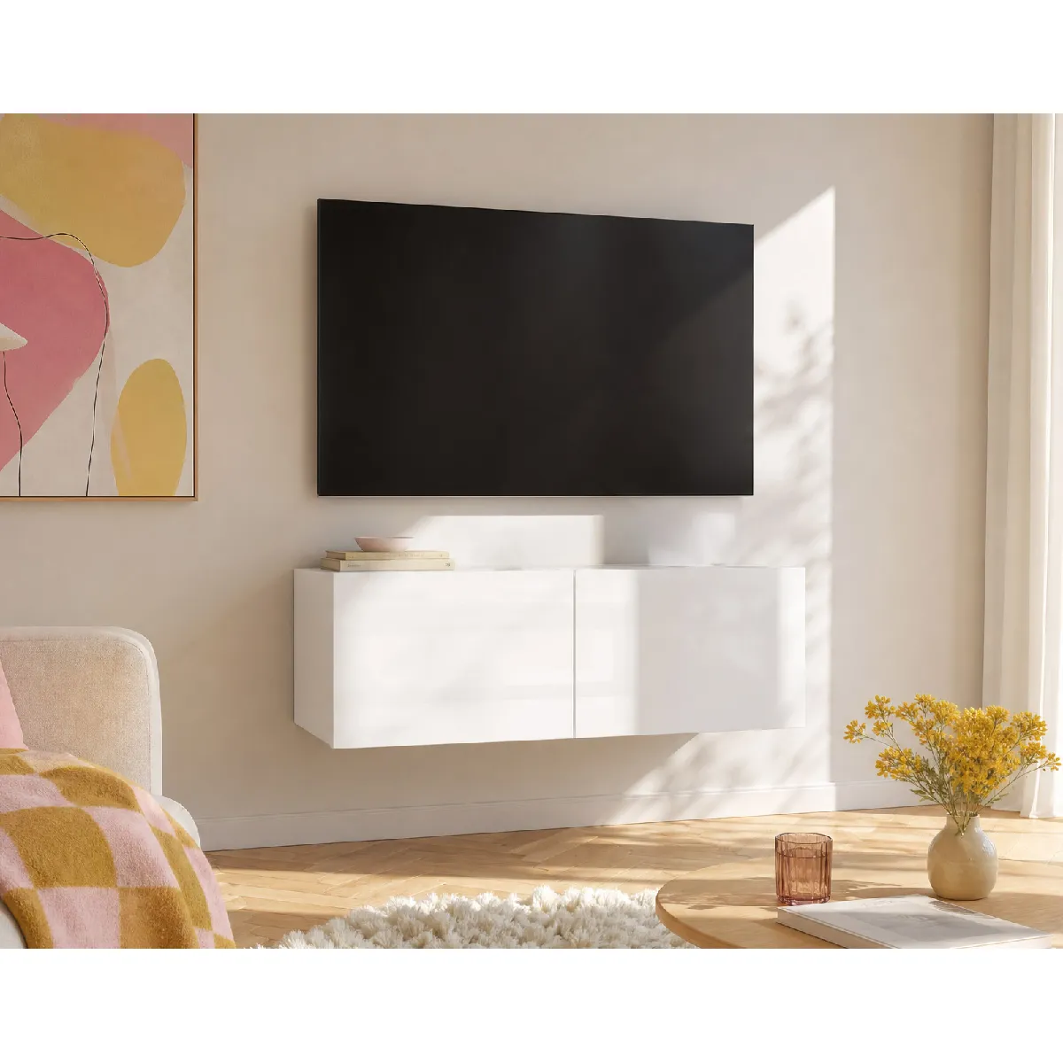 BEST MOBILIER Alix - Meuble Tv Modulable 100 Cm - 2 Portes - Blanc