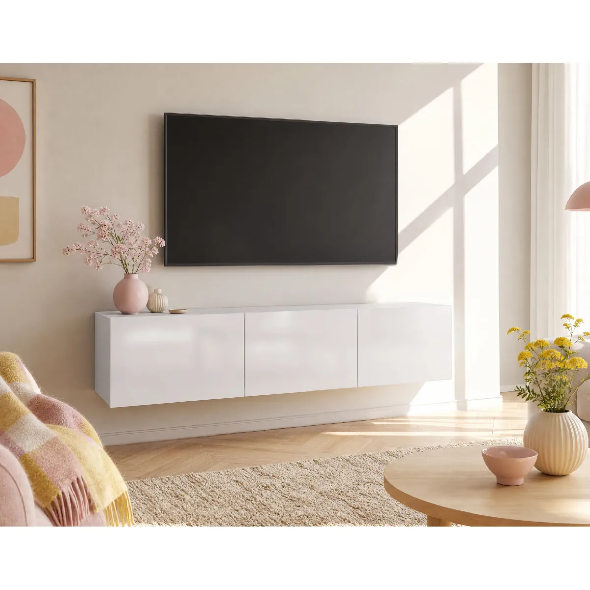 BESTMOBILIER Alix - Meuble Tv Modulable 150 Cm - 3 Portes - Blanc