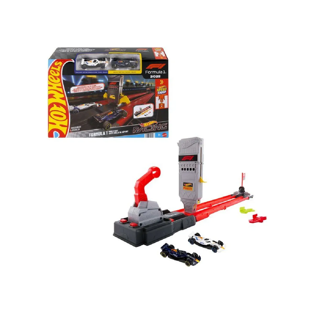 Mattel C piste - HOT WHEELS - Piste Grille de Départ Formule 1 - 2 véhicules 1/64 inclus - Lanceurs et feux de départ - Dès 3 ans