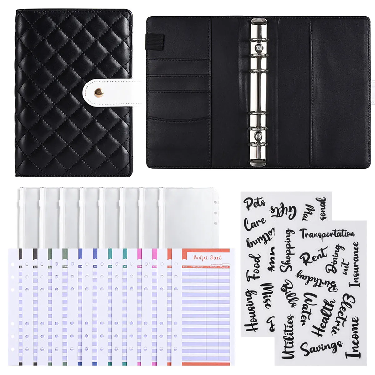 Carnet budget A6 en similicuir noir, format pain, avec 12 fiches budget, 8 et 2