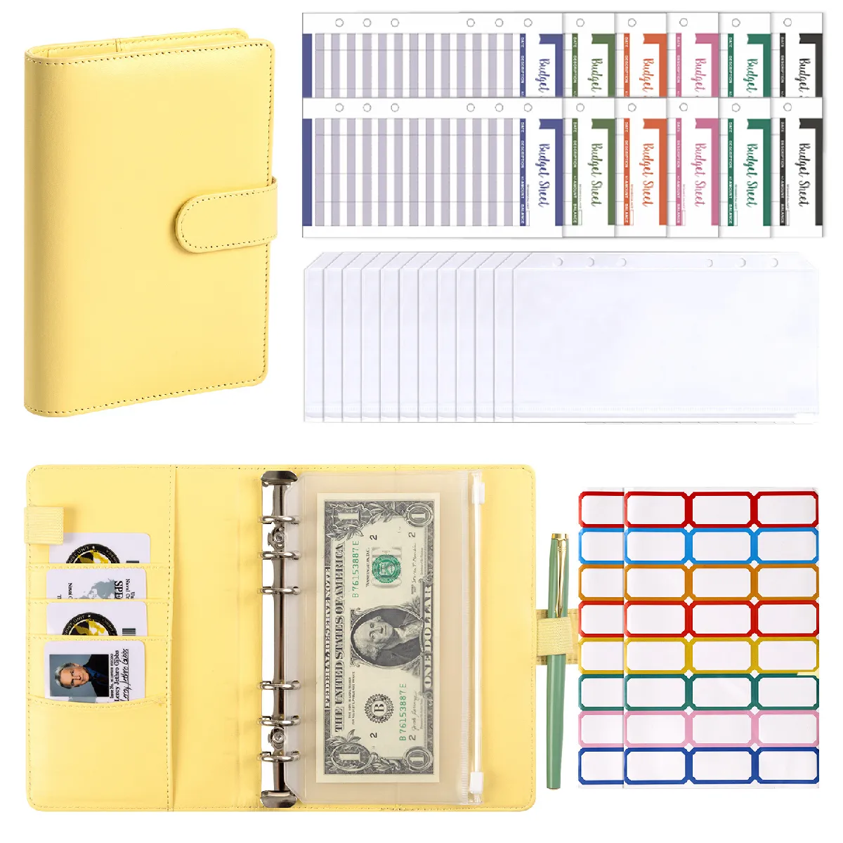 Carnet budget A6 à feuilles mobiles, couverture jaune en similicuir, pochettes