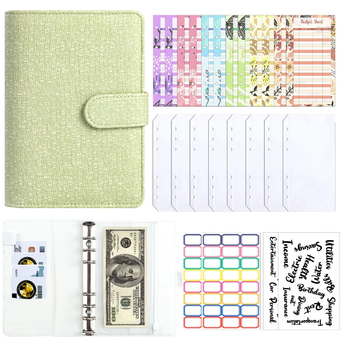 Classeur A6 Défi Épargne, Carnet Budget en Tissu Gaufré Vert avec 12 Fiches 8 2