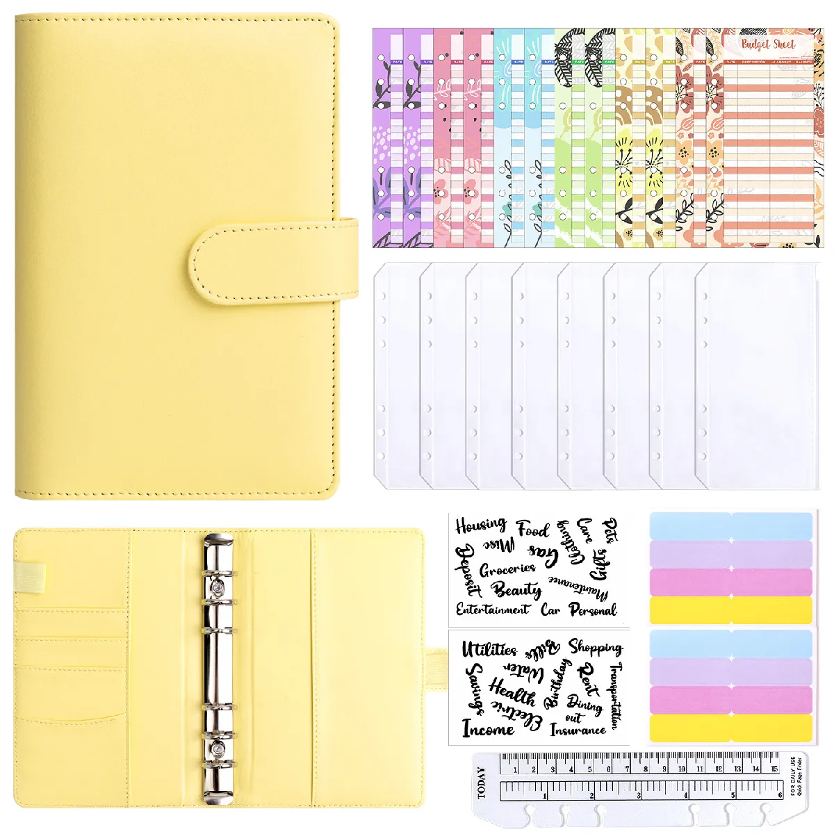 Classeur portefeuille A6 en similicuir jaune avec 12 fiches budget, 8 pochettes