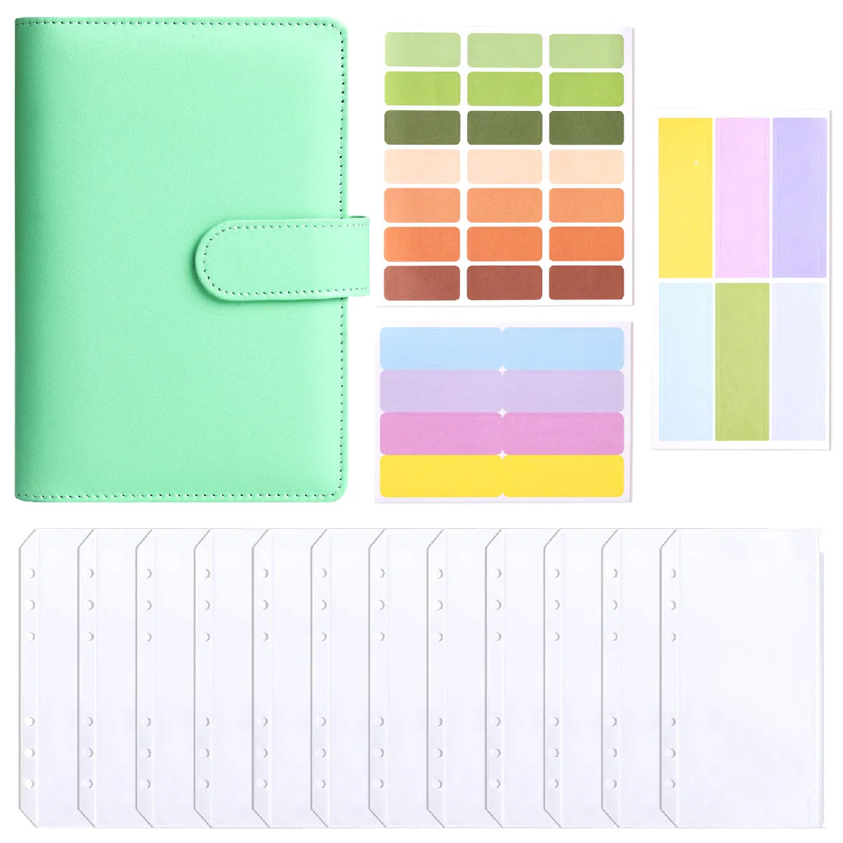 Carnet budget A6 à anneaux, style macaron, vert, avec 12 pochettes zippées et