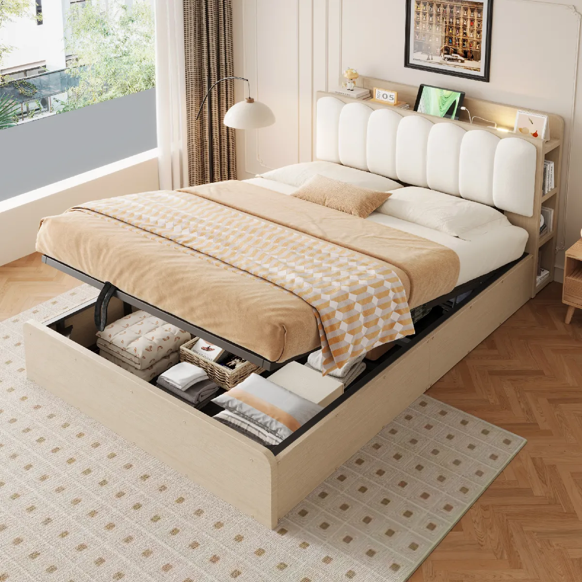 Lit coffre 140 × 200 cm, lit double avec USB et éclairage de nuit, structure en bois avec rangement caché, idéal pour chambre moderne, sans matelas