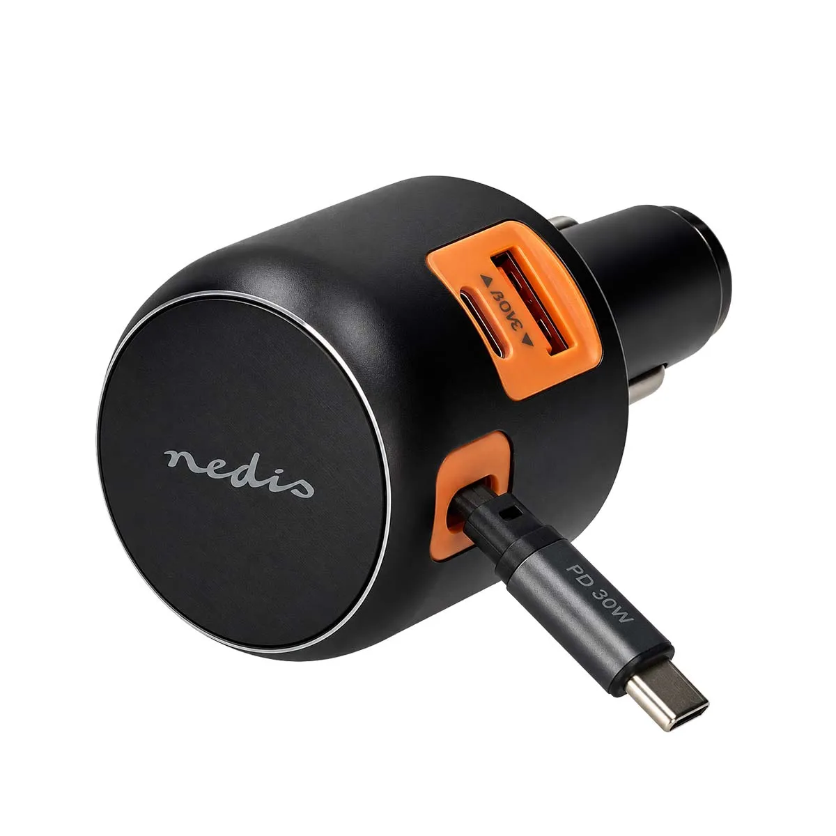 Nedis Gris Chargeur Allume-Cigare 60W Avec Câble Rétractable Usb-C Et Ports Usb Foncé