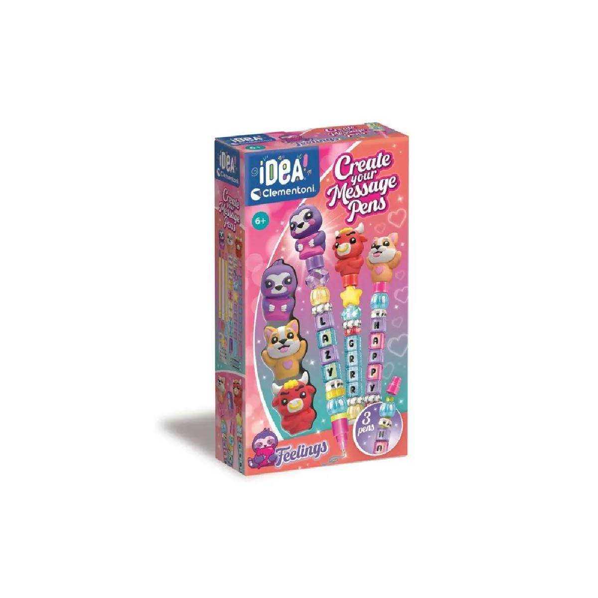 Clementoni Crée tes stylos Messages Feelings - Kit loisirs créatifs 3 stylos - Perles lettres émotions