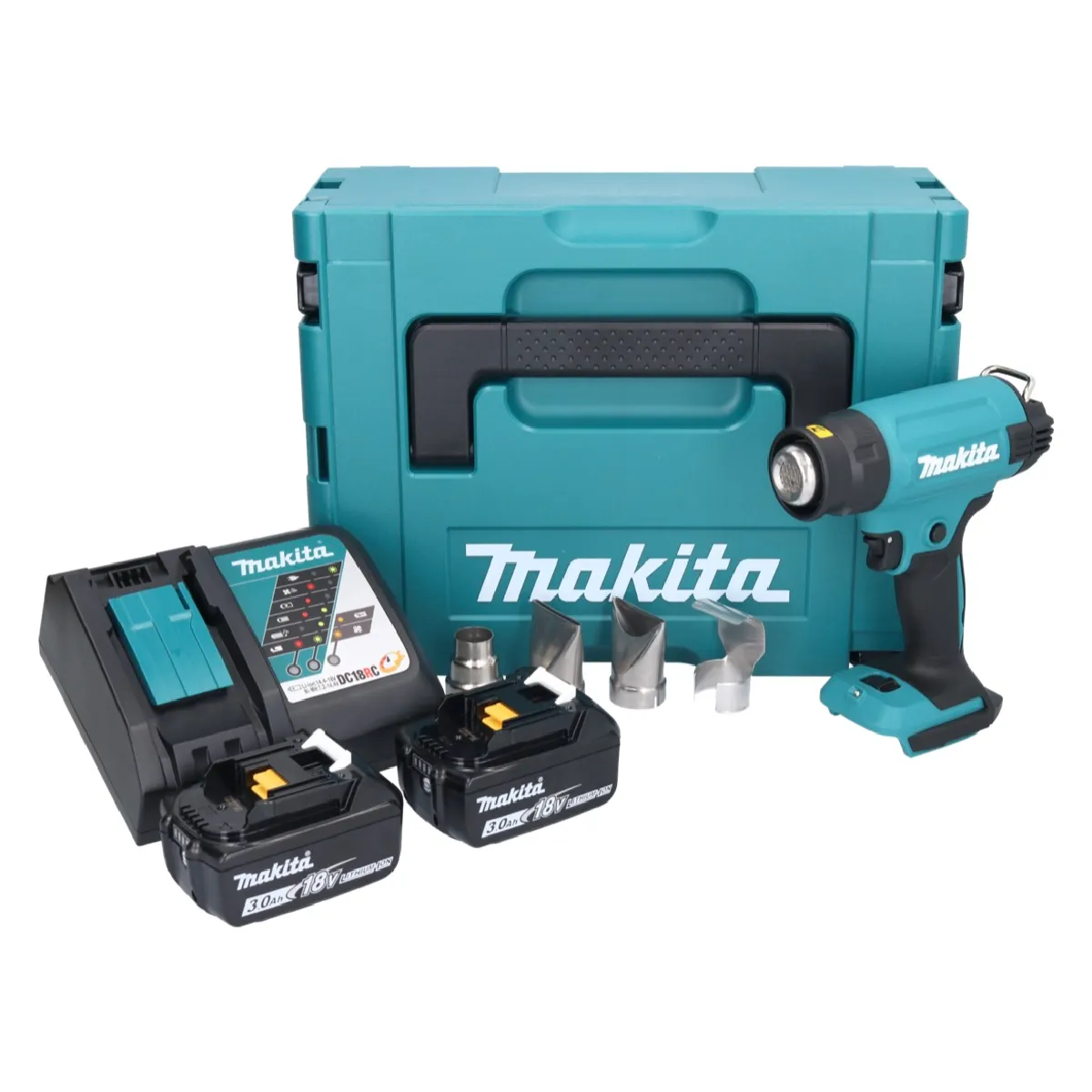 Makita DHG 181 RFJ Pistolet air chaud sans fil 18 V 150 + 2x batterie rechargeable 3 0 Ah + chargeur + Makpac - vue 2