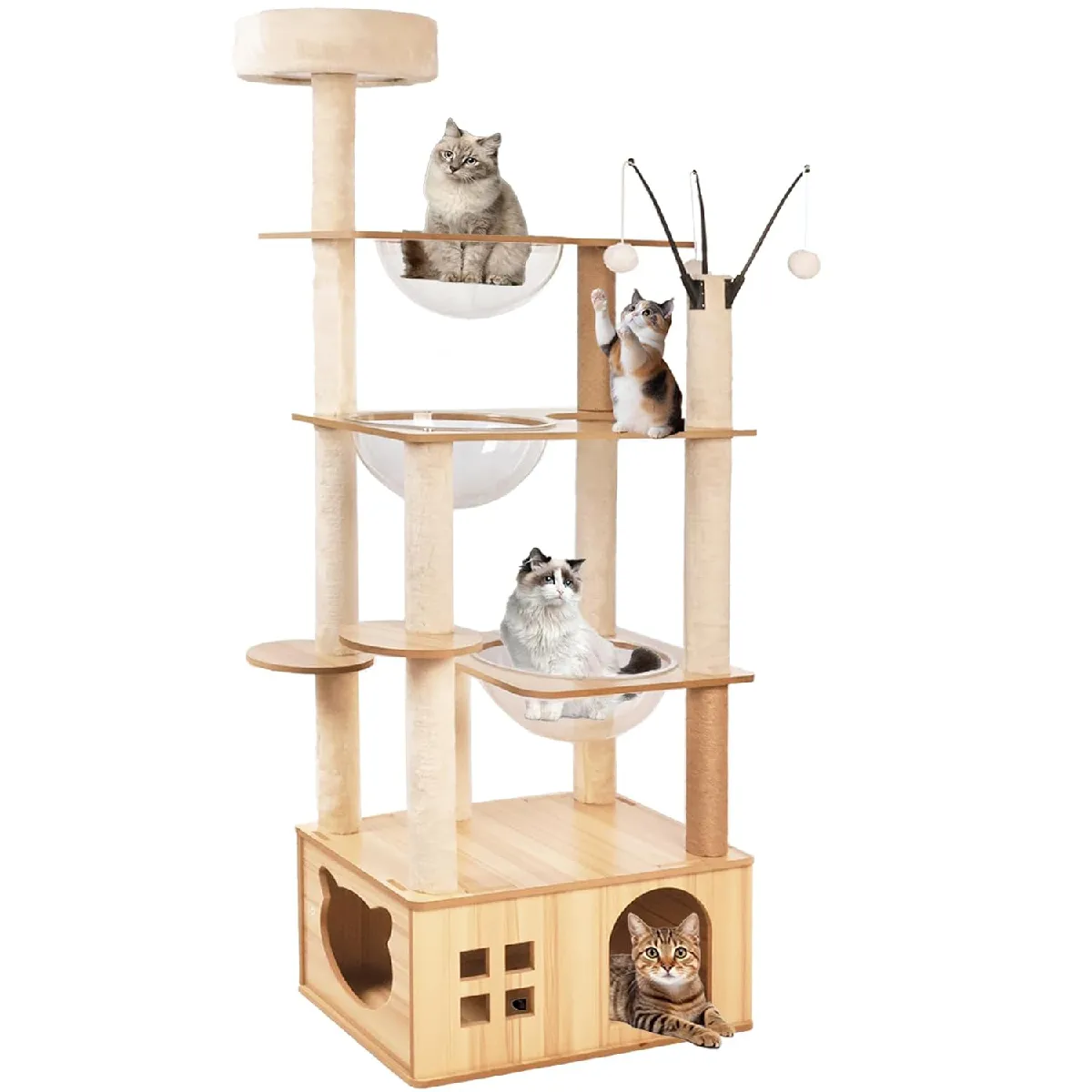 173CM Arbre a Chat, Bois, avec 1 Condo, 3 Bol, 13 Griffoirs, 5 Plateformes,3 Balles de Joue