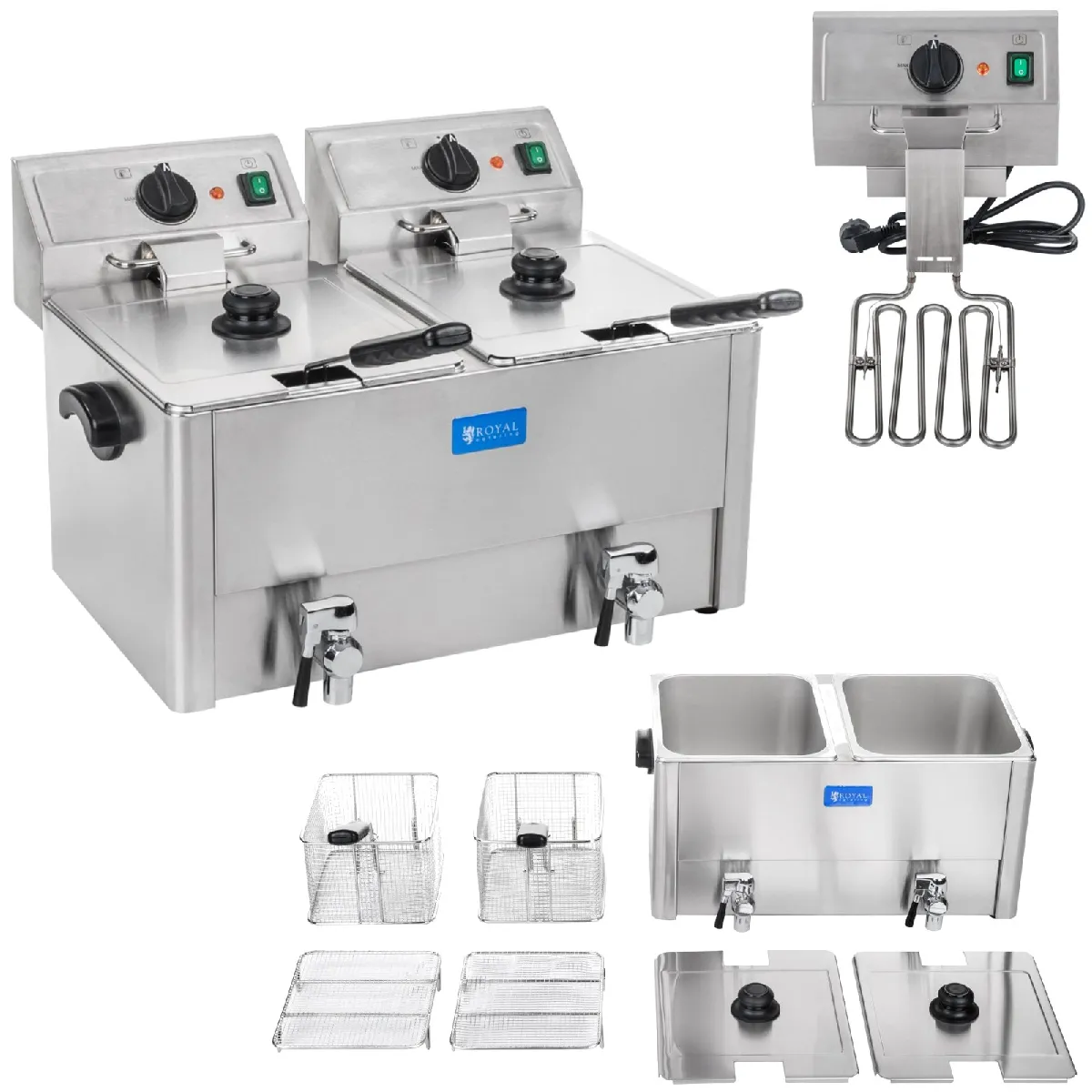 ROYAL CATERING Friteuse &eacute;lectrique double EGO 2x8L avec robinets de vidange et thermostat