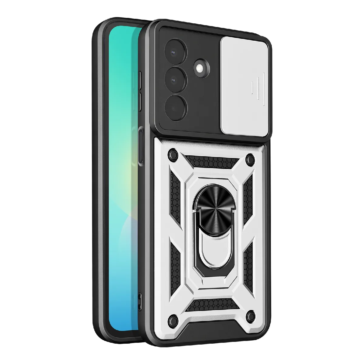 Avizar Argent Coque Pour Samsung Galaxy A27 Avec Bague Support Et Cache Caméra Coulissant