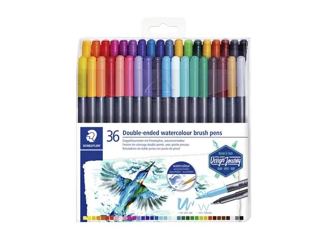 Staedtler Feutres de coloriage aquarellables à double pointe Pointe pinceau 1 6 mm et pointe fine 0.5 0.8 mm Étui plastique avec 36 couleurs différentes assorties 3001 TB36 - vue 2