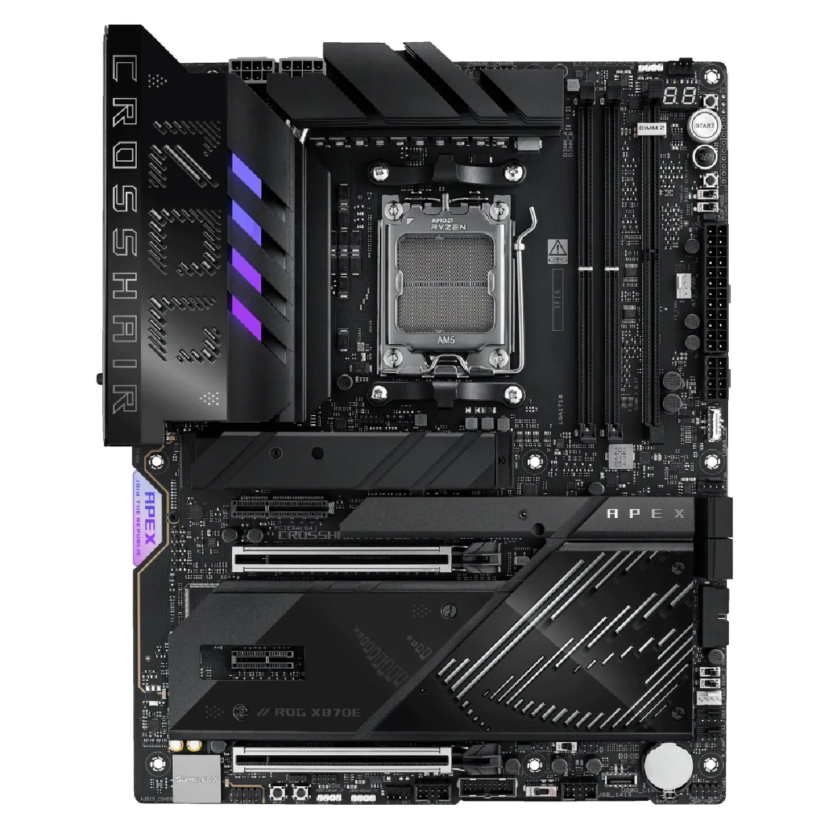 ASUS ROG CROSSHAIR X870E APEX Carte mère ATX Socket AM5 AMD X870E Chipset USB4 USB C 3.2 Gen2 USB 3.2 Gen 2 USB 3.2 Gen 1 USB C 3.2 Gen 2x2 Wi Fi 7 Bluetooth 5 Gigabit Ethernet... - vue 7