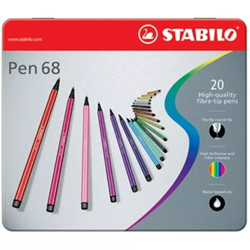 Boîte métal de 20 feutres de dessin pointe moyenne STABILO Pen 68 ARTY