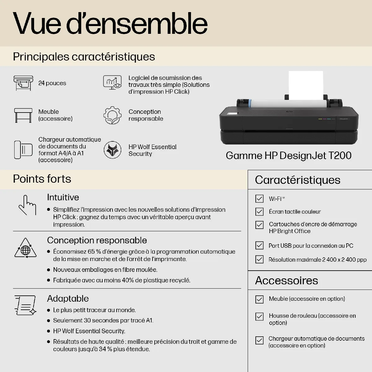HP DesignJet T250 24 de 61 cm 5HB06D Imprimante Grand Format Traceur Standard A4 A1 76 Impressions A1h Wi Fi Ethernet USB 2400 x 1200 dpi Métal recyclé Garantie HP Click - vue 7