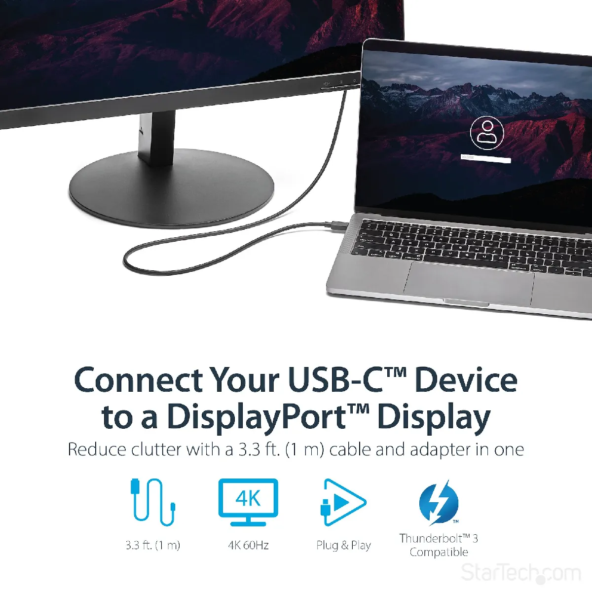 StarTech.com Cable Usb C Vers Displayport 4K 60Hz, 1M Cable Adaptateur Video Bidirectionnel Dp Vers Usb-C Ou Usb-C Vers Dp Reversible Hbr2/Hdr Cable Pour Moniteur Usb Type C/Tb3 (Cdp2dp1mbd) Cable Displayport 24 Pin Usb-C Pour Displayport Taille 1.2 de I - Image 2