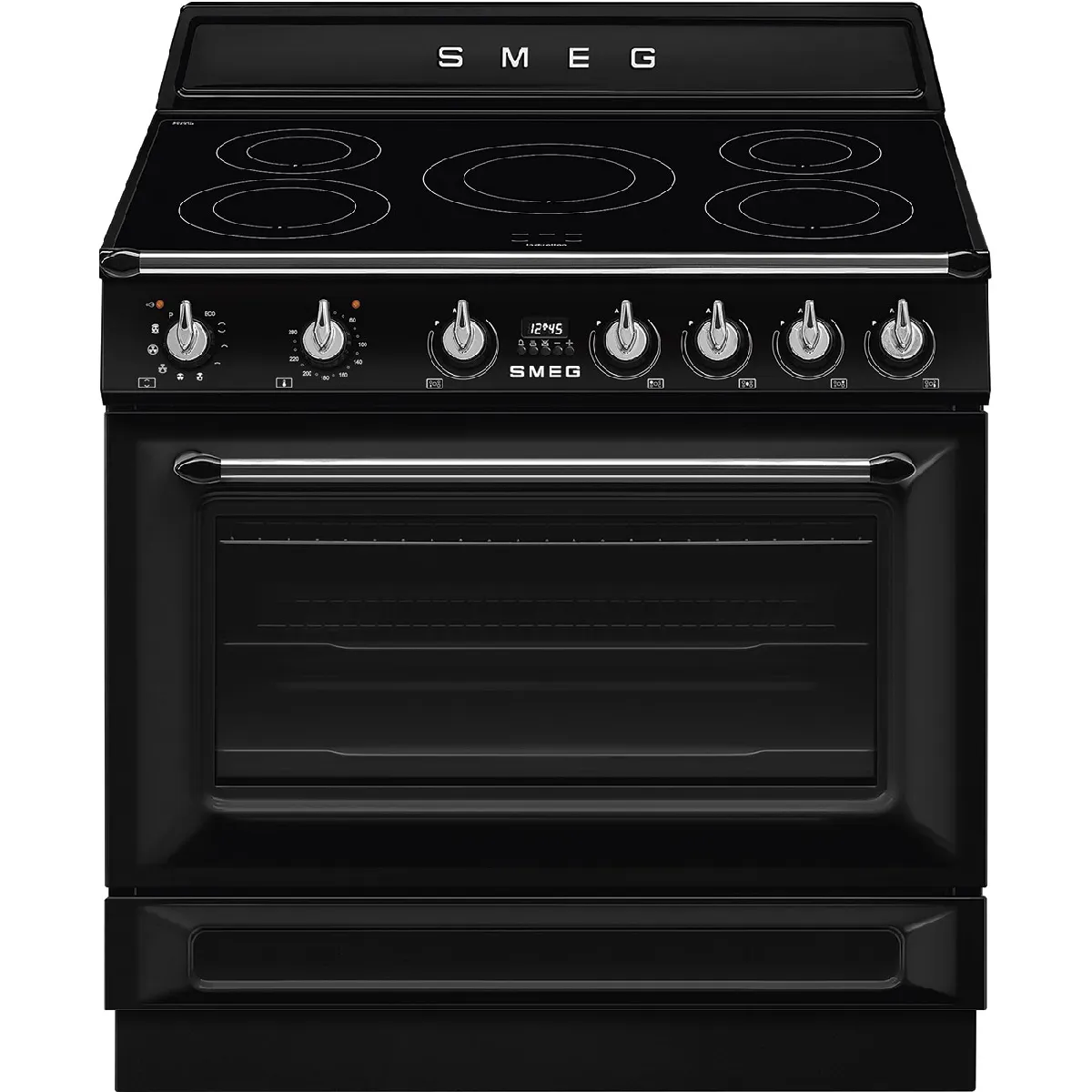 Piano de cuisson Victoria 90 cm ? 5 foyers induction dont 3 de 3 kW en booster ? Four électrique multifonction 9 dont double chaleur tournante ? pyrolyse ? 115 nets ? porte froide à fermeture douce ? kit de rails télescopiques sortie partielle