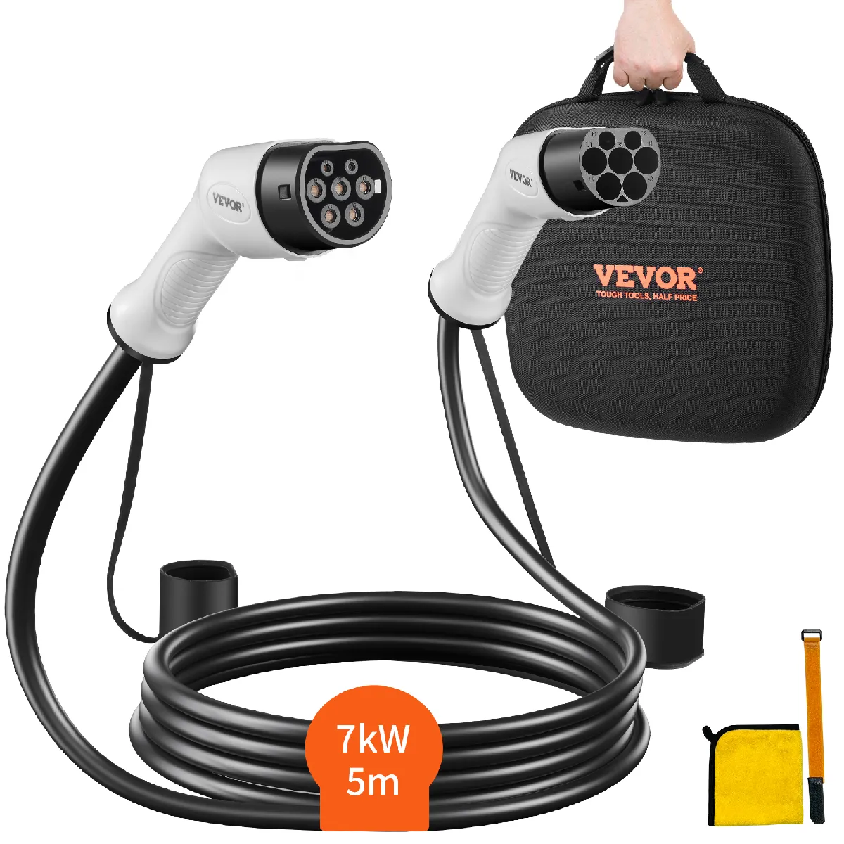 VEVOR Câble de Recharge EV de Type 2 à Type 2 Chargement Monophasé Véhicule Électrique 32 A 7 kW 5 m IP66 Étanche avec Sac de Transport pour IEC62196 Véhicule Électrique Hybride Rechargeable CE TÜV