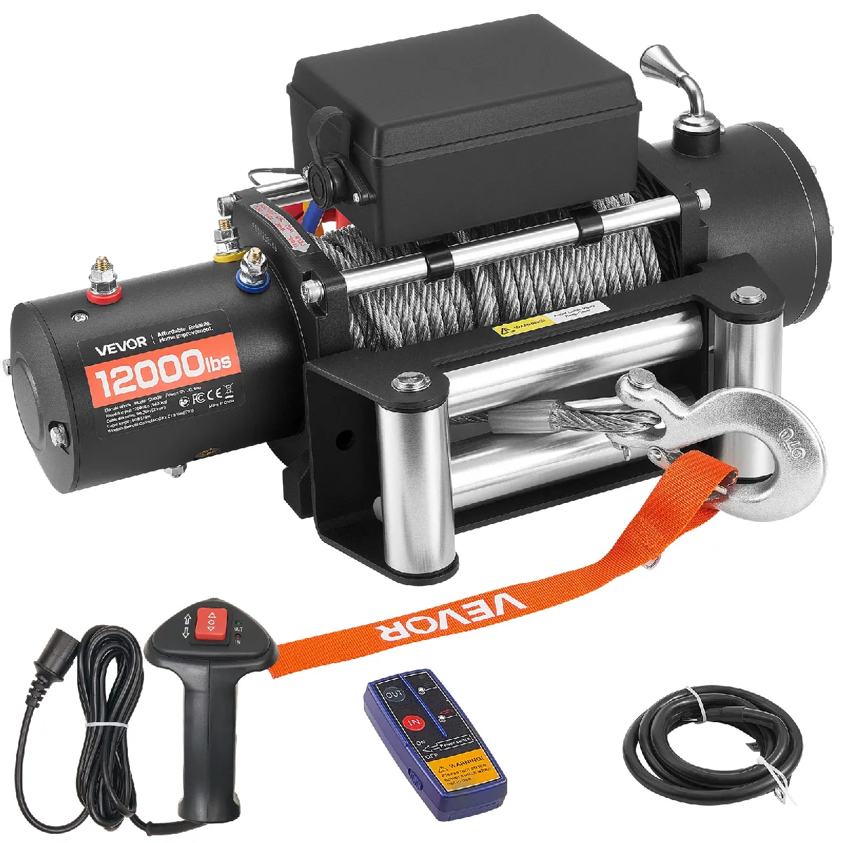 VEVOR Elektrische Seilwinde, 5400 kg, 12 V DC Elektrowinde mit 24 m Stahlseil, kabellose & kabelgebundene Fernbedienung, IP55 Offroadwinde zum Abschleppen von SUV, Jeep, Anhänger, Boot, Geländewagen