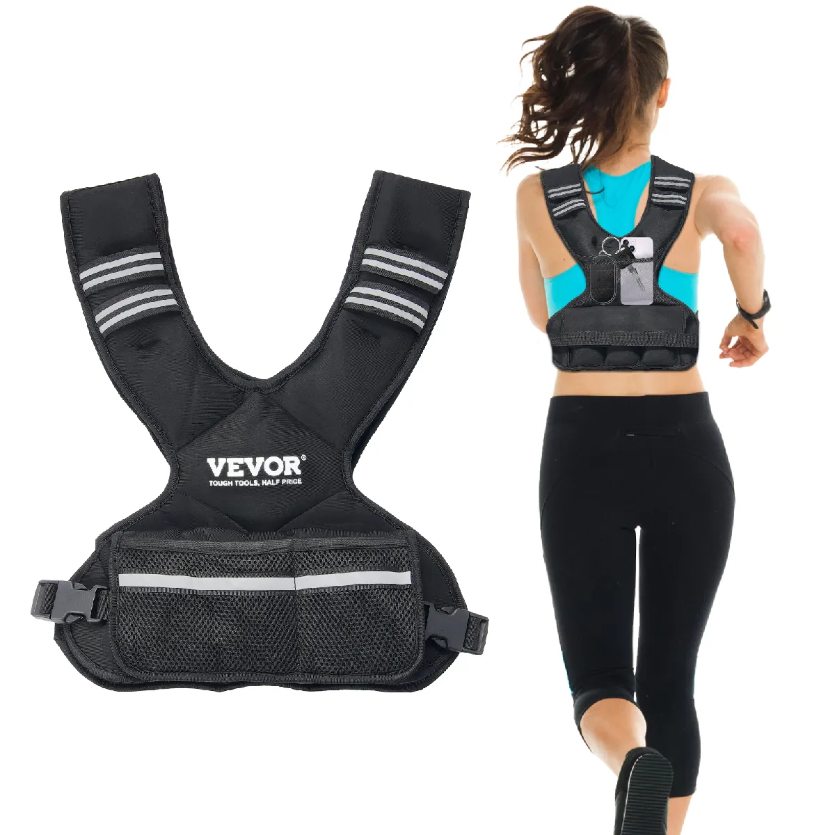 VEVOR verstellbare Gewichtsweste 5-9,1 kg, mit 6 Ironsand-Gewichten & reflektierendem Streifen, Körpergewichtswesten-Trainingsset für Männer & Frauen, Trainingsgerät für Krafttraining Laufen