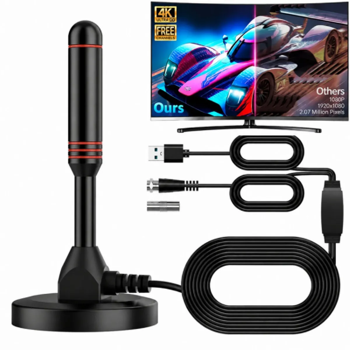 Générique Antenne Tv Intérieur Puissante Tnt Hd - Base Magnétique Et Câble 5M - Longue Réception Distance 360° - Compatible Avec Tvs 4K 1080P