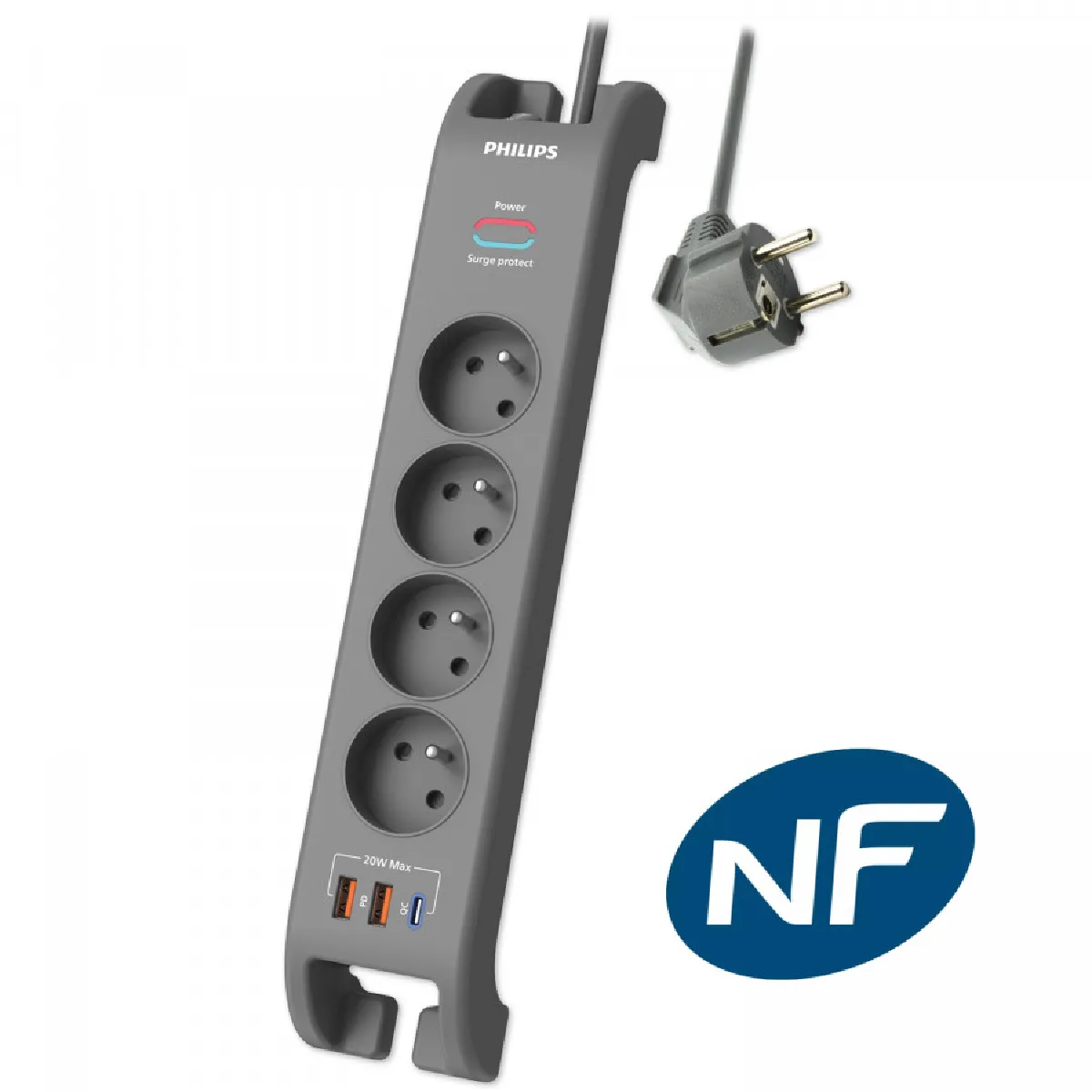 Philips Gris Parasurtenseur 4 Prises Avec 2 Usb Type-A + 1 Usb Type C 2 M - Image 4