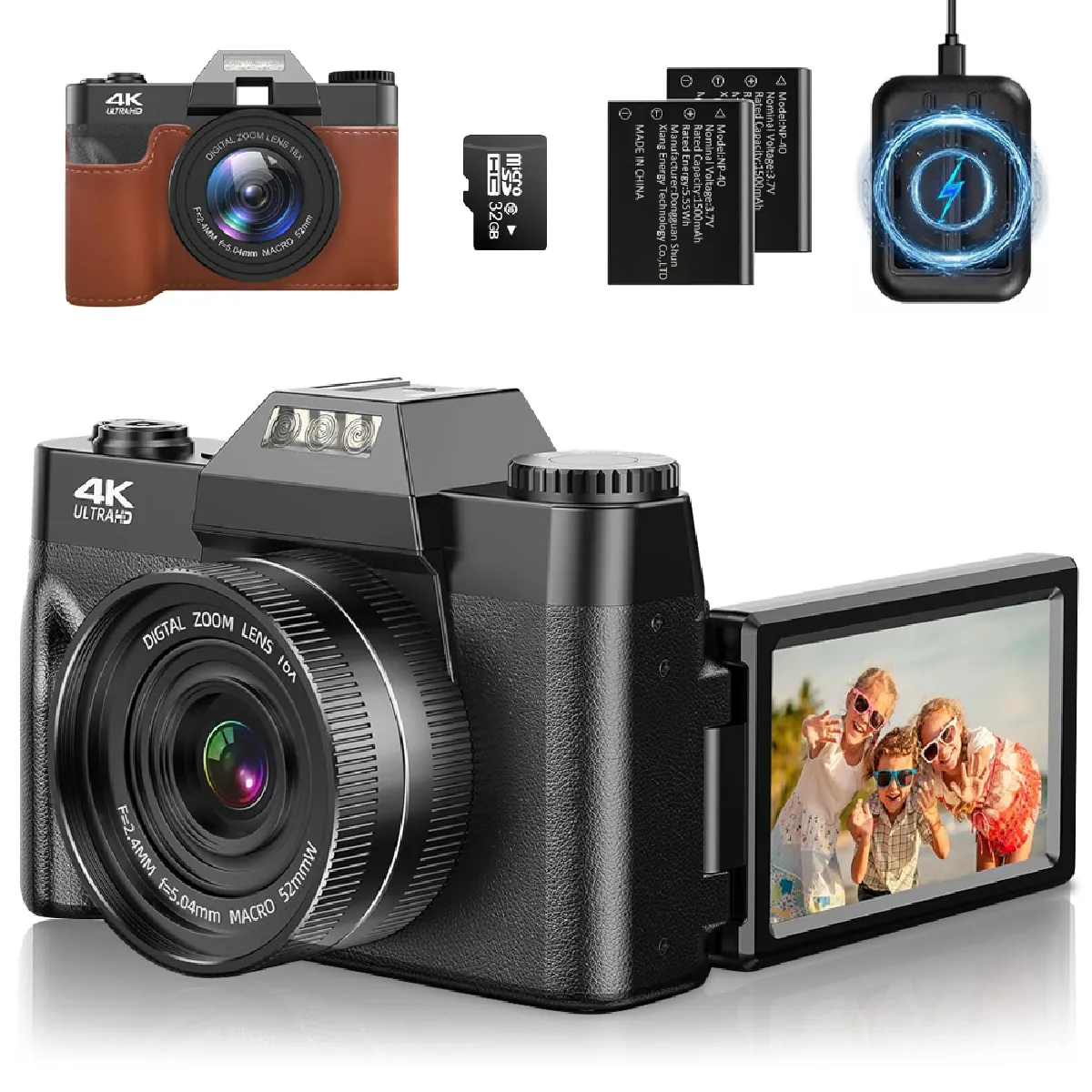 4K Appareil Photo Numérique, 75MP Appareil Photo Compact Portable SD 32G, 3 Écran LCD Rabattable 180°, Zoom Numérique 16X